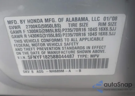 2008 Honda Pilot Vp from USA, damaged, VIN 5FNYF18258B044487